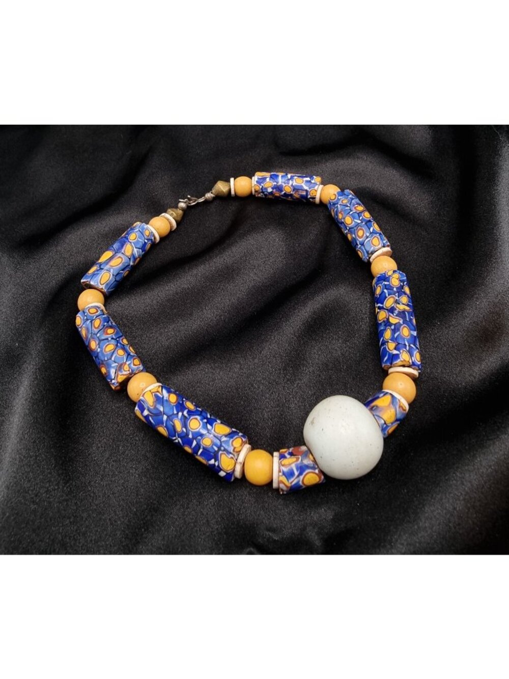 Antique Millefiori Trade Bead Necklace With White Focal Bead & Blue/Orange Glass